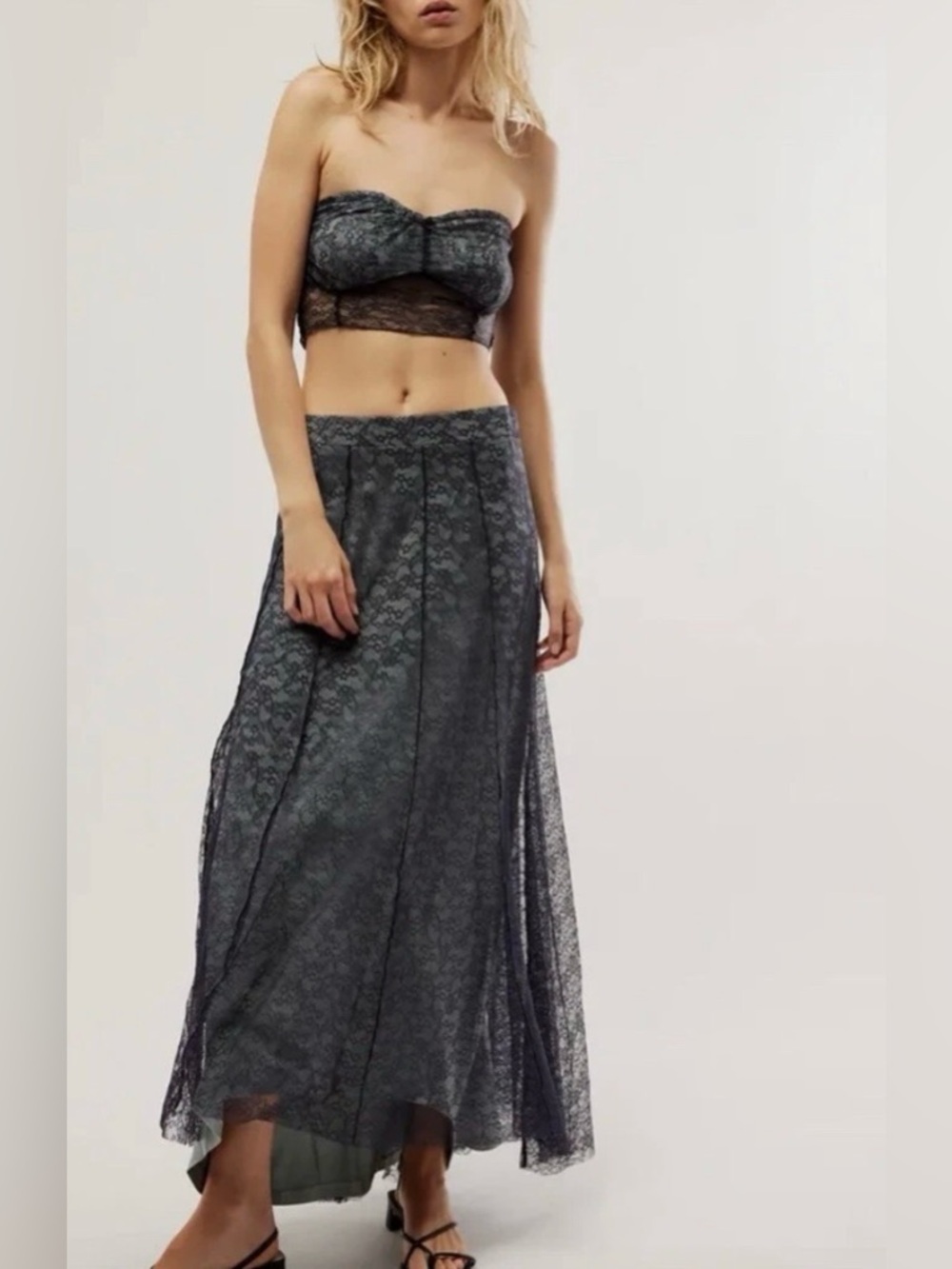 NWT Free People Shape of You Skirt Top Set Lace High Low Skirt Small Navy Combo
